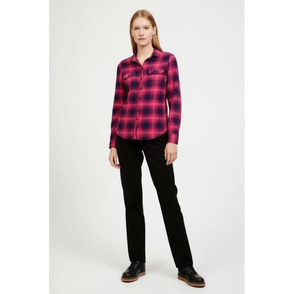 Eddie Bauer Womens L Flannel Shirt Pink Navy Plaid Classic Button Up - Picture 1 of 7